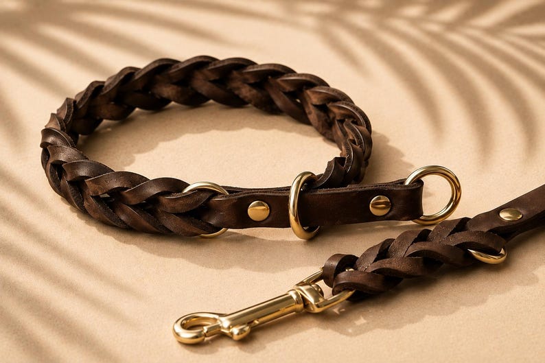 Pode incluir: Uma coleira de c&atilde;o em couro entran&ccedil;ado castanho escuro e trela a condizer com ferragens em metal dourado polido, incluindo an&eacute;is circulares, rebites e um mosquet&atilde;o girat&oacute;rio, dispostos num la&ccedil;o circular com a trela estendida.