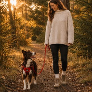 May include: A brown and white dog wearing a red patterned harness and attached red leash, accompanied by a person in a beige ribbed sweater, black leggings, and tan boots walking along a dirt path during the golden hour in a forest.