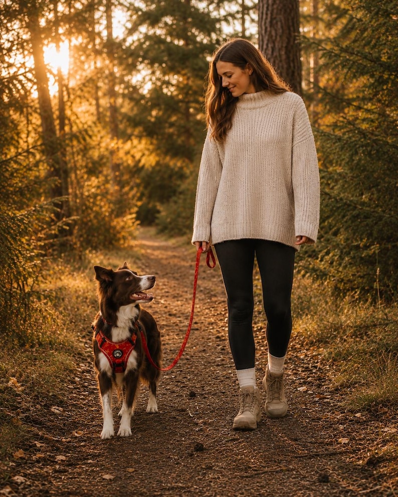 May include: A brown and white dog wearing a red patterned harness and attached red leash, accompanied by a person in a beige ribbed sweater, black leggings, and tan boots walking along a dirt path during the golden hour in a forest.