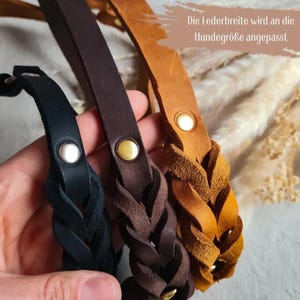Pode incluir: Tr&ecirc;s tiras de couro tran&ccedil;ado nas cores preta, marrom escuro e bege, cada uma com um &uacute;nico rebite met&aacute;lico. O texto na imagem diz: Die Lederbreite wird an die Hundegr&ouml;&szlig;e angepasst.
