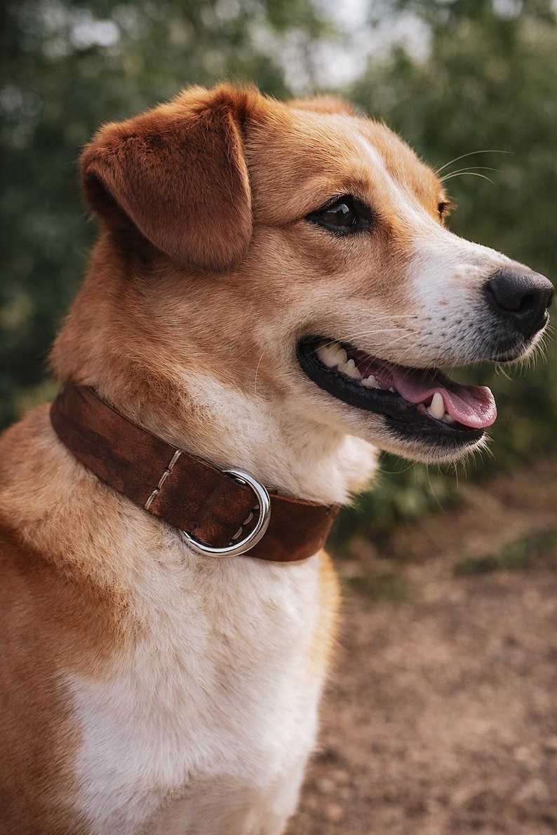 May include: A brown leather dog collar featuring a silver-toned metal D-ring and visible stitching. The collar is worn around the neck of a medium-sized dog with tan and white fur, captured in a side profile view with its mouth slightly open.