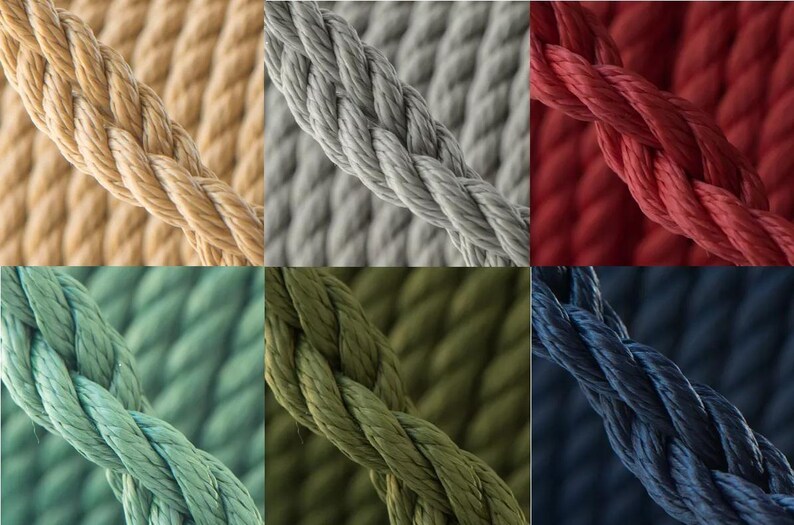 Op de afbeelding: Een collage van zes dikke, gedraaide touwen in verschillende effen kleuren, waaronder beige, lichtgrijs, dieprood, mintgroen, olijfgroen en donker marineblauw. Elk gedeelte toont de gedetailleerde textuur van de gevlochten synthetische vezels.