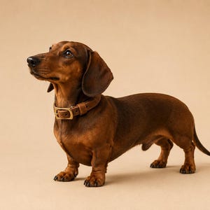 May include: A smooth-haired dachshund with a rich brown coat standing in profile. The dog is wearing a simple, matching brown leather collar with a metal buckle around its neck. The animal has long, floppy ears and a long, slender body shape.