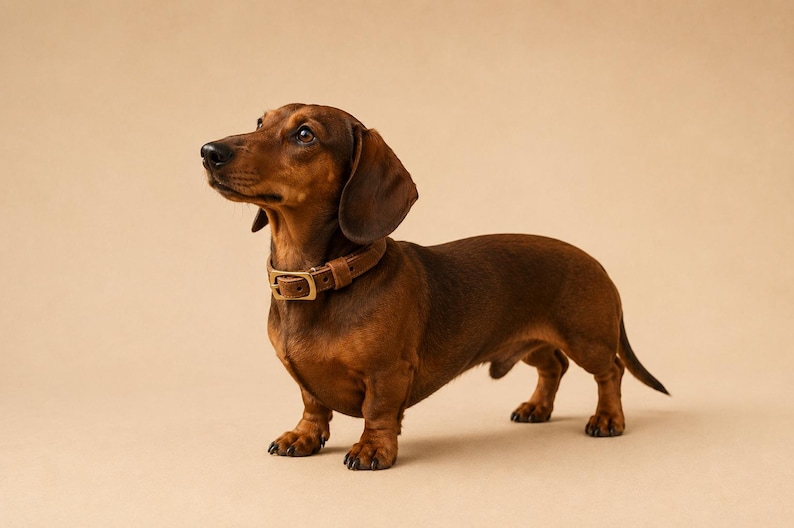 May include: A smooth-haired dachshund with a rich brown coat standing in profile. The dog is wearing a simple, matching brown leather collar with a metal buckle around its neck. The animal has long, floppy ears and a long, slender body shape.