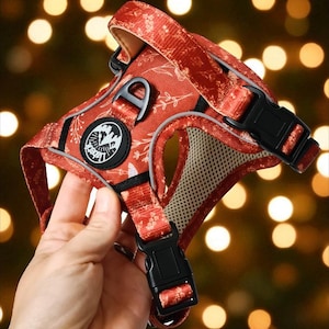 May include: A rust-orange pet harness featuring a white botanical floral pattern, black plastic side-release buckles, and a circular black patch with white mountain graphics and the text Lisbet. The interior is lined with beige mesh fabric.
