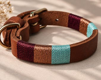 Coleira para cães em couro cor avelã | Gravação personalizada, acessório colorido feito à mão para animais de estimação