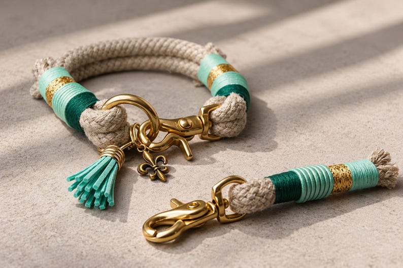 May include: A beige rope collar and matching leash attachment featuring gold-toned metal hardware, including a lobster clasp and a fleur-de-lis charm. The rope is accented with wrapped thread in shades of mint green, dark green, and metallic gold.