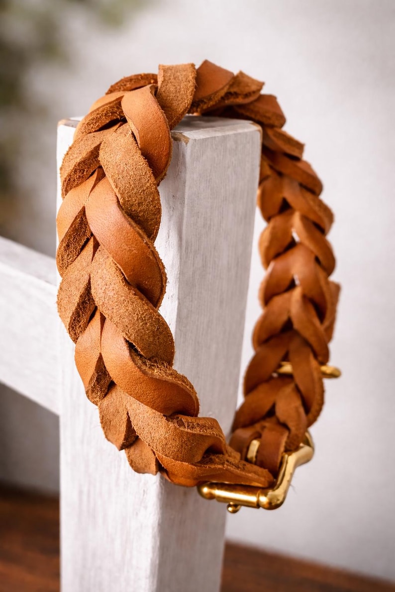 Peut inclure: Un collier en cuir beige dot&eacute; d'un design tress&eacute; &eacute;pais &agrave; la texture lisse. Le collier est fix&eacute; par une boucle en m&eacute;tal dor&eacute; poli, mettant en valeur une construction robuste et une couleur marron chaud uniforme sur toute la longueur.