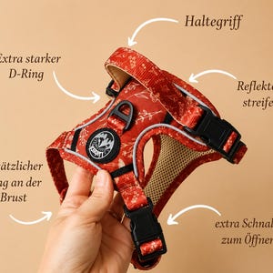 May include: A red pet harness featuring a white floral pattern, a top handle, reflective strips, black plastic buckles, and two D-rings. The harness includes a circular black logo patch with white mountain graphics and the text Liabert.