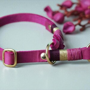 May include: A bright pink leather collar featuring gold-toned metal hardware, including a rectangular buckle and two circular rings. The strap is accented with decorative thread wrapping in shades of dark purple, gold, and pink near the ring.