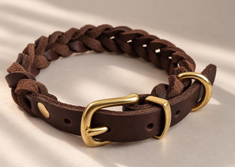 Peut inclure: Un collier en cuir marron fonc&eacute; dot&eacute; d'un design tress&eacute; et d'une section en cuir lisse. Le collier est &eacute;quip&eacute; d'une boucle en m&eacute;tal dor&eacute; bross&eacute;, d'un passant en m&eacute;tal assorti et de deux rivets dor&eacute;s fixant la partie en cuir tress&eacute;.