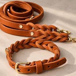 Peut inclure: Un collier et une laisse pour animal en cuir havane. Le collier pr&eacute;sente un design en cuir tress&eacute; avec une boucle en m&eacute;tal dor&eacute;. La laisse comprend une section tress&eacute;e, des rivets en m&eacute;tal dor&eacute; et deux mousquetons pivotants en m&eacute;tal dor&eacute;.
