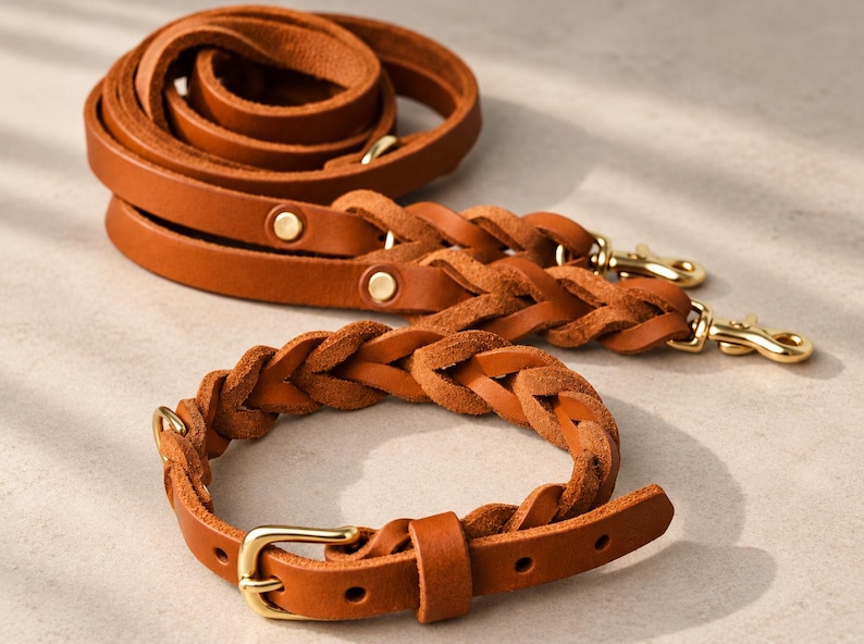Peut inclure: Un collier et une laisse pour animal en cuir havane. Le collier pr&eacute;sente un design en cuir tress&eacute; avec une boucle en m&eacute;tal dor&eacute;. La laisse comprend une section tress&eacute;e, des rivets en m&eacute;tal dor&eacute; et deux mousquetons pivotants en m&eacute;tal dor&eacute;.