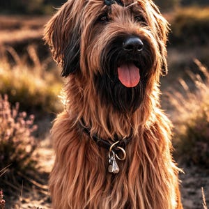 Pode incluir: Um c&atilde;o Briard com pelo longo, desgrenhado e castanho-avermelhado com um focinho preto. O c&atilde;o usa uma coleira de couro escuro com um anel met&aacute;lico e um pequeno pingente de sino prateado. A l&iacute;ngua est&aacute; vis&iacute;vel e as orelhas est&atilde;o cobertas.