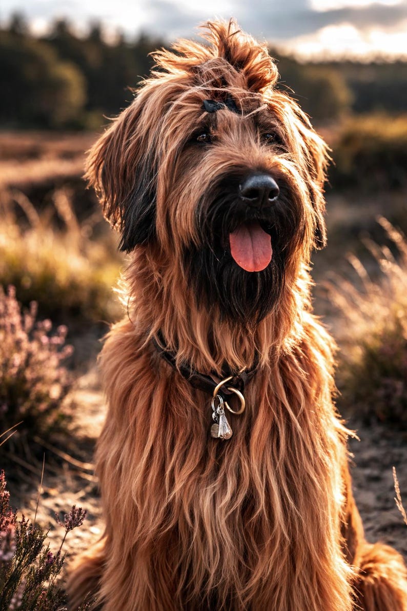Pode incluir: Um c&atilde;o Briard com pelo longo, desgrenhado e castanho-avermelhado com um focinho preto. O c&atilde;o usa uma coleira de couro escuro com um anel met&aacute;lico e um pequeno pingente de sino prateado. A l&iacute;ngua est&aacute; vis&iacute;vel e as orelhas est&atilde;o cobertas.