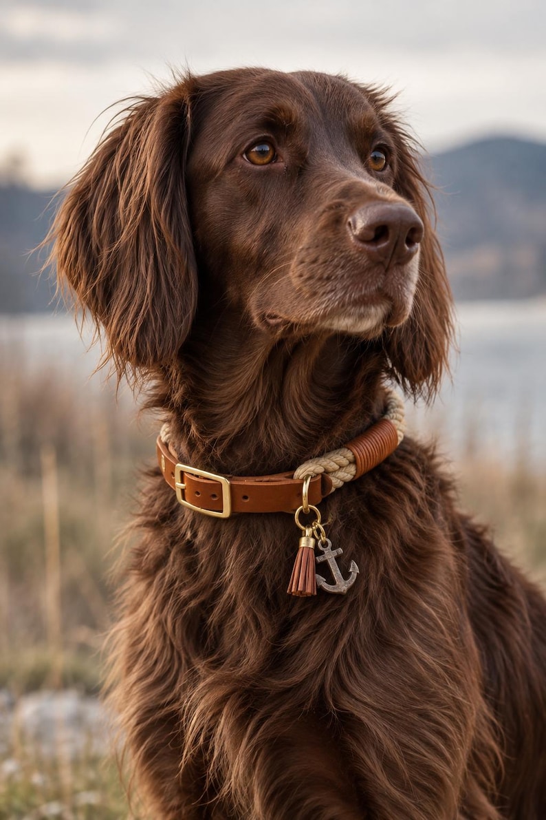 Op de afbeelding: Een bruine hond draagt een halsband van beige touw en bruin leer met een koperen gesp. De halsband is voorzien van een bedel bestaande uit een klein bruin leren kwastje en een zilverkleurige hanger in de vorm van een anker.
