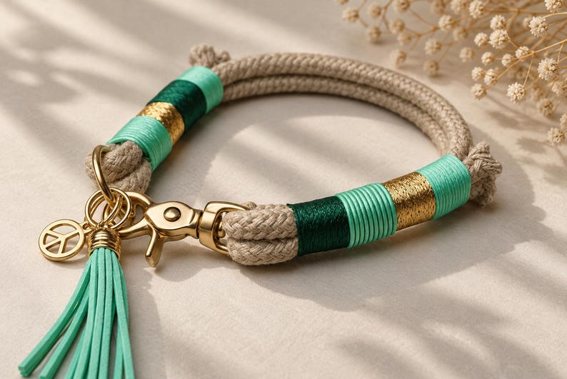 May include: A beige rope bracelet featuring sections wrapped in mint green, dark green, and metallic gold thread. The bracelet includes a gold-toned metal lobster clasp, a matching peace sign charm, and a long mint green faux leather tassel.