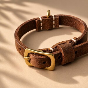 May include: A dark brown leather collar featuring a polished gold-tone metal buckle and a matching D-ring. The strap is constructed with visible white stitching at the connection points and includes a sliding leather keeper loop for adjustment.