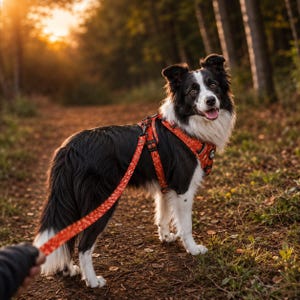 May include: A black and white Border Collie dog wearing an orange harness with a repeating pattern of small white shapes. The dog is attached to a matching orange leash with a black metal clip, held by a hand at the end of the leash.