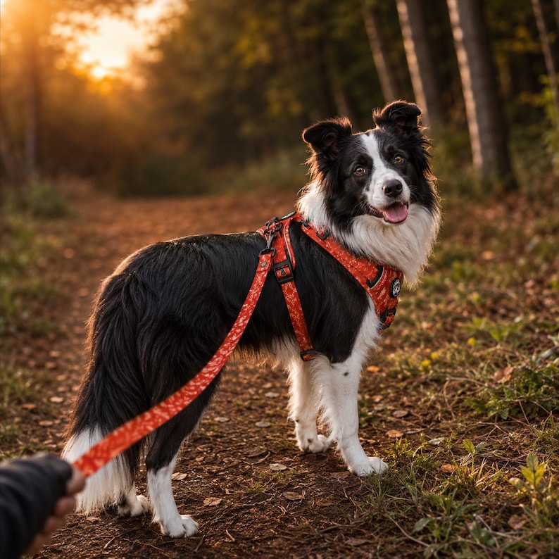 May include: A black and white Border Collie dog wearing an orange harness with a repeating pattern of small white shapes. The dog is attached to a matching orange leash with a black metal clip, held by a hand at the end of the leash.