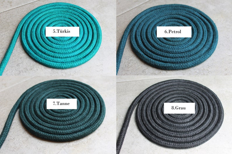 May include: Four coils of braided rope arranged in a grid. Each coil is a different colour: turquoise labelled 5.T&uuml;rkis, petrol blue labelled 6.Petrol, dark pine green labelled 7.Tanne, and dark grey labelled 8.Grau. The rope has a textured surface.