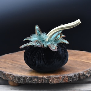 Velvet Pumpkins Medium with Feathers, with real pumpkin stem. Cutiekins Fall decor,Thanksgiving, . cozy home gifts, farmhouse decor