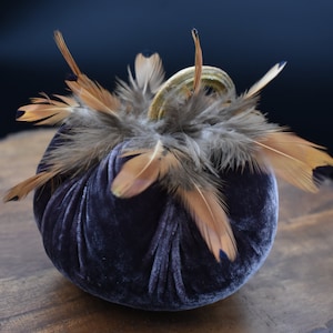 Velvet Pumpkins with Feathers, with real pumpkin stem.Fall decor,Thanksgiving, wedding decor, mantle decor. cozy home gifts, farmhouse decor