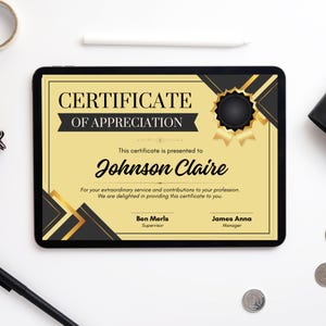 Gold Appreciation Certificate Template- Modern Editable Award, Printable Recognition Template, Classy Award Template,  Custom Certificate