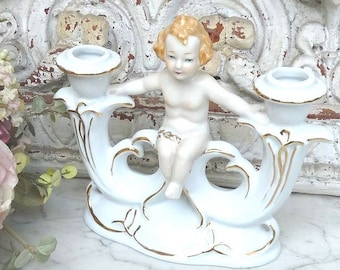 Shabby Vintage Porzellan Kerzenleuchter Engel Niedlicher Putten Leuchter