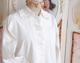 Real Vintage - Traumhafte Romantische Edwardian Rüschen Bluse, Viktorianische Baumwoll Bluse oder Bett Jacke 1900 mit Spitze