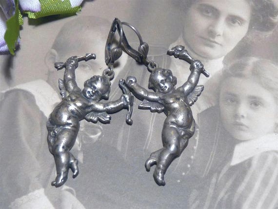 Cute Silver Vintage Baroque Angel Earrings