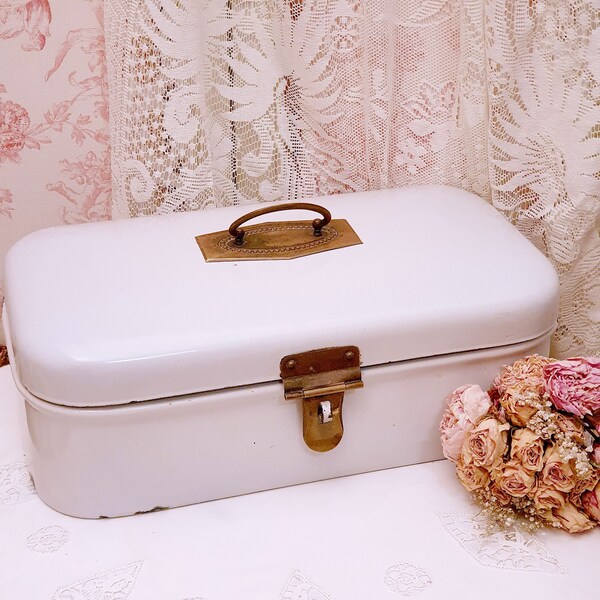 Grandma's Shabby Vintage Art Nouveau enamel bread bin in white with brass handle and closure