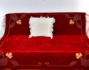 Antique Art Nouveau sofa blanket, velvet red tablecloth, 135 x 132 cm, embroidered with flowers in crank embroidery