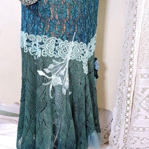 Romantic long boho flounced skirt made of vintage lace embroidered with flowers and a ruffled flounce - Handmade, one-of-a-kind piece