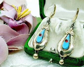 Antique Biedermeier gold earrings turquoise drops with flowers and garnet as well as sweet bobbles