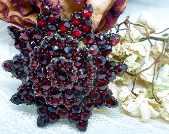 Biedermeier photo medallion garnet star brooch with red sparkling Czech rose cut garnets