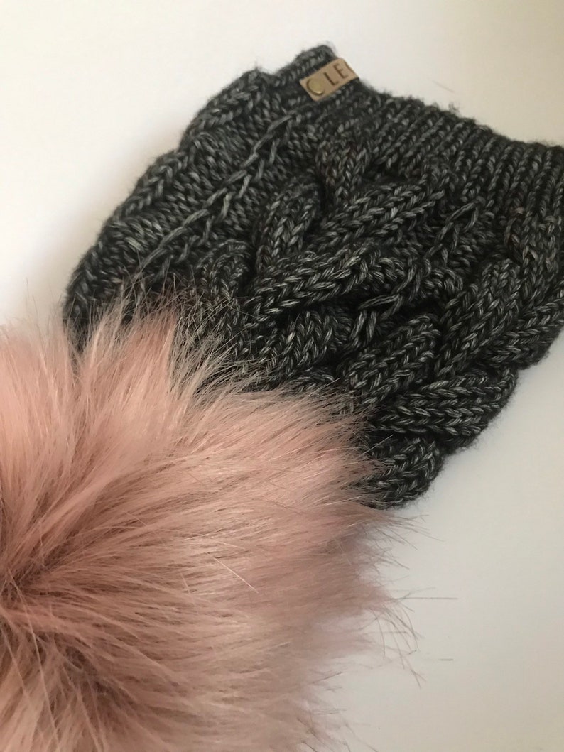 Cable Hand Knit Womens Knitted Beanie Woman Knit Hat Handmade Wool Ladies Faux Fur Extra Large Pom Pom Slouch