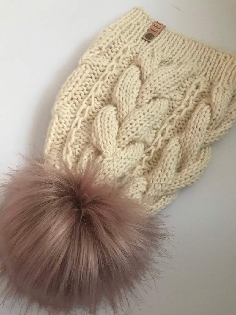 Cable Hand Knit Womens Knitted Beanie Woman Knit Hat Handmade Wool Ladies Faux Fur Extra Large Pom Pom Slouch