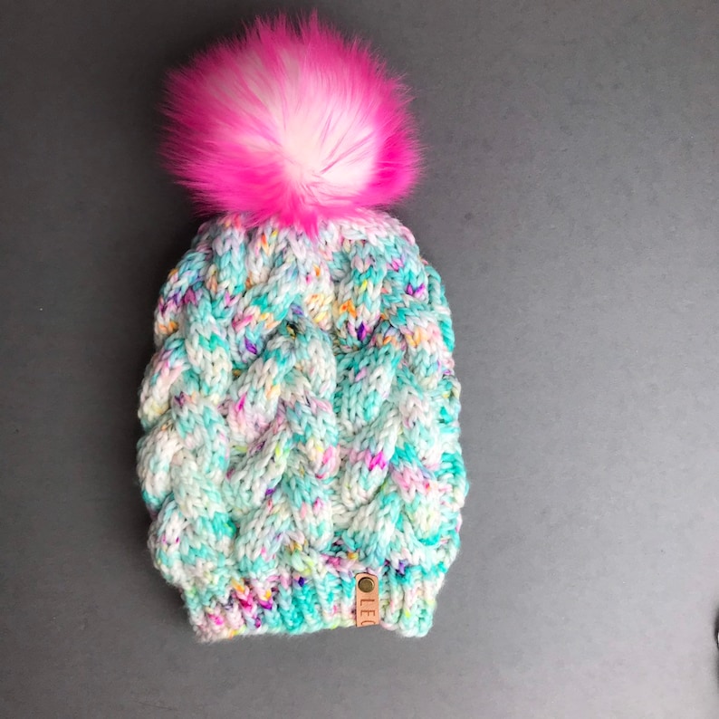 Chunky Winter Knit Hat \u2022 Adult Cable Beanie \u2022 Hand Dyed 100/% Merino Wool \u2022 Hot Pink Faux Fur Pom \u2022 Teal
