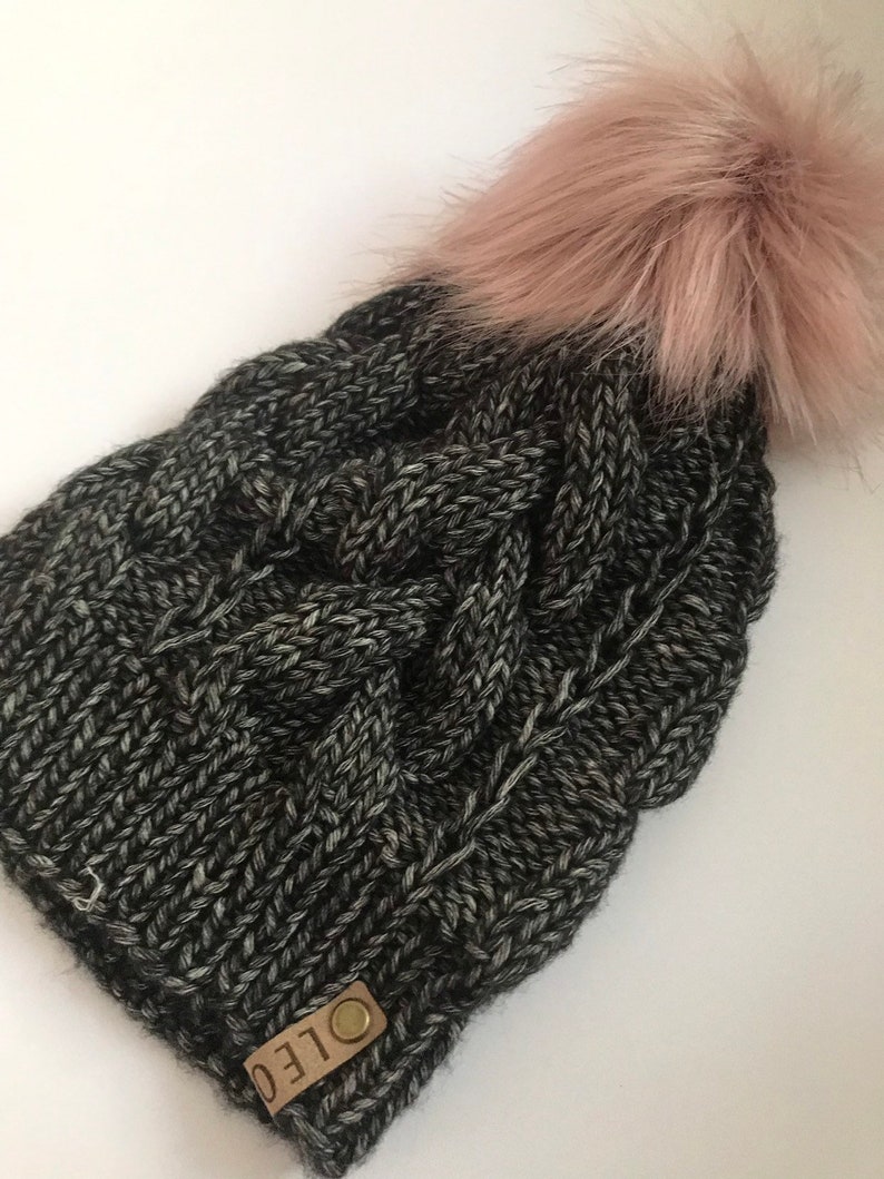 Cable Hand Knit Womens Knitted Beanie Woman Knit Hat Handmade Wool Ladies Faux Fur Extra Large Pom Pom Slouch