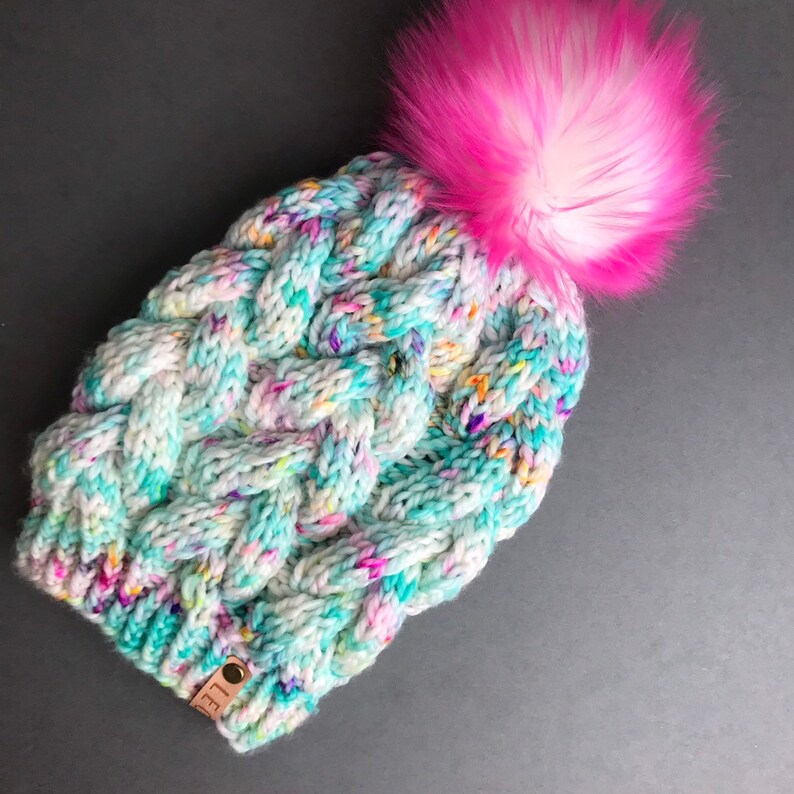 Chunky Winter Knit Hat \u2022 Adult Cable Beanie \u2022 Hand Dyed 100/% Merino Wool \u2022 Hot Pink Faux Fur Pom \u2022 Teal