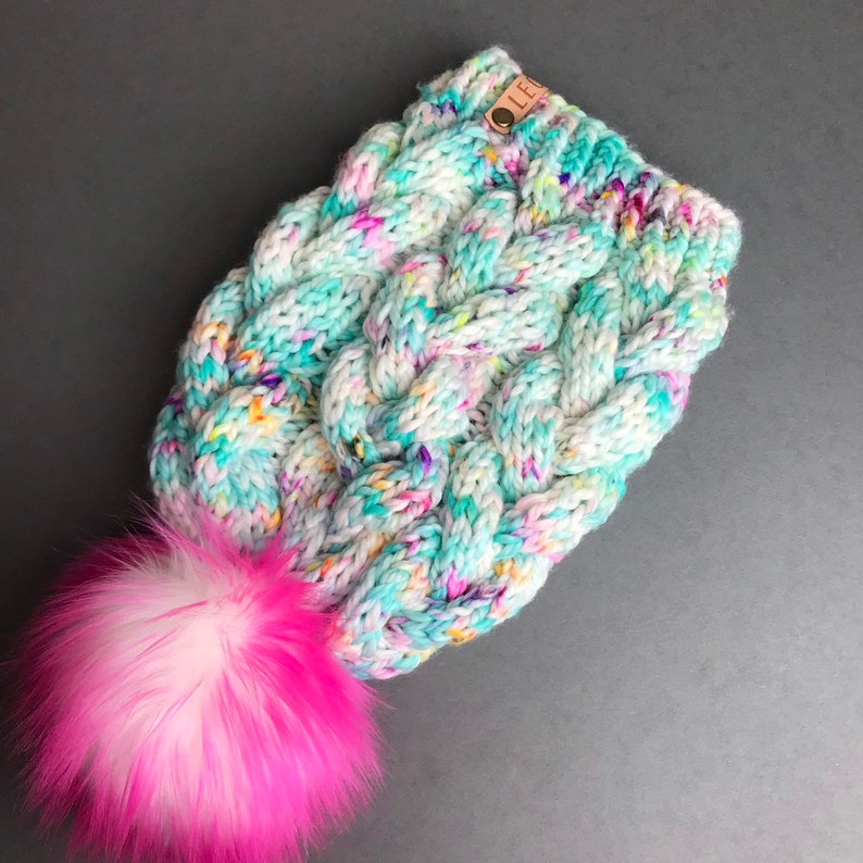 Chunky Winter Knit Hat \u2022 Adult Cable Beanie \u2022 Hand Dyed 100/% Merino Wool \u2022 Hot Pink Faux Fur Pom \u2022 Teal