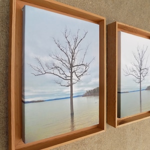 Puede incluir: Dos impresiones en lienzo enmarcadas que presentan un paisaje sereno con un árbol desnudo en el agua. La obra de arte se encuentra sobre un cielo nublado y una costa distante. Los marcos son de madera clara, lo que añade un toque natural.