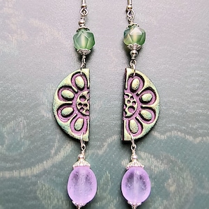 Dangle earrings in purple and green with silver accents