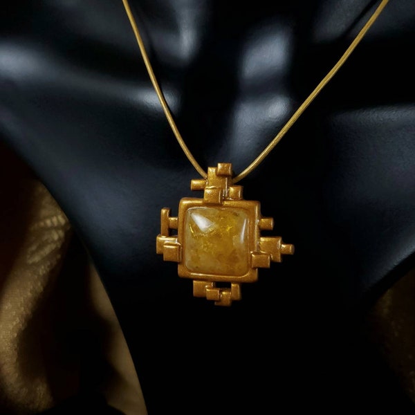 Golden "Cubist" style pendant with citrine effect crystalline cabochon