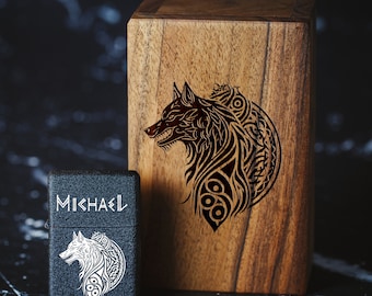 Encendedor de lobo personalizado con grabado - Símbolo vikingo Fenrir, caja de regalo