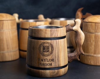 Engraved Wooden Beer Mug: Rustic Viking Tankard, Groomsmen Gift