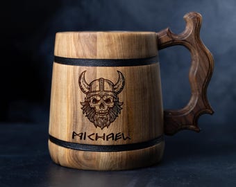 Engraved Oak Beer Mug:  Personalized Father's Day gift, wood tankard Bachelor party gifts.