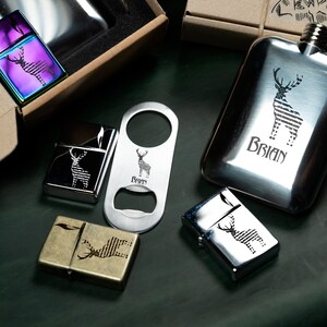 Personalisierte Trauzeugen Geschenk Set - Feuerzeug und Flaschenöffner und Kolben - oder nur Feuerzeug /nur Flaschenöffner /nur Flask -Amerikanische Flagge -Hirsch