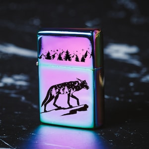 Personalized Engraved Windproof Lighter - 064 - lighter with box - prairie wolf - winter landscape - lighter with coyote - gift for hunter